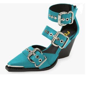 FSJ Teal Pointed Toe Metal Buckle Hollow Out Leather Strappy Medium Heel Sandal